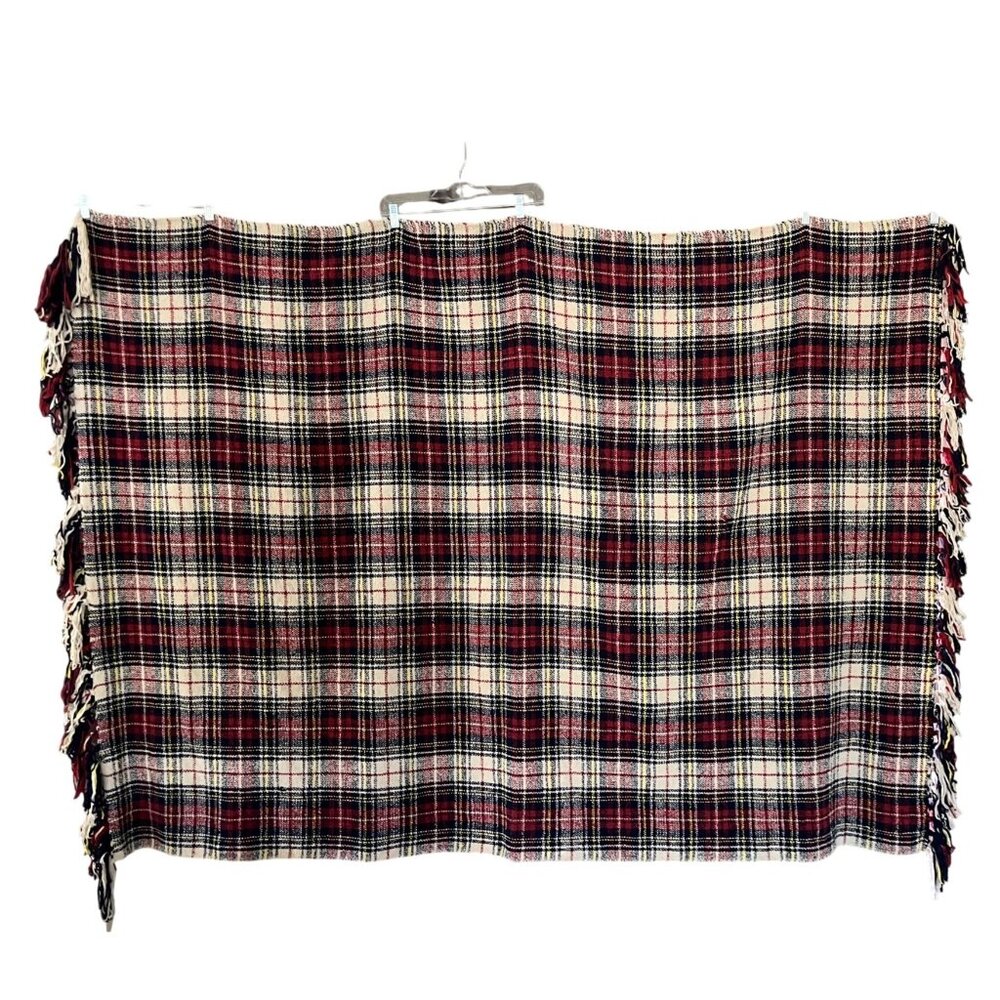 Ralph Lauren Plaid Tartan Throw Blanket Woven Fringe Edge Red White Blue Yellow - Picture 4 of 5